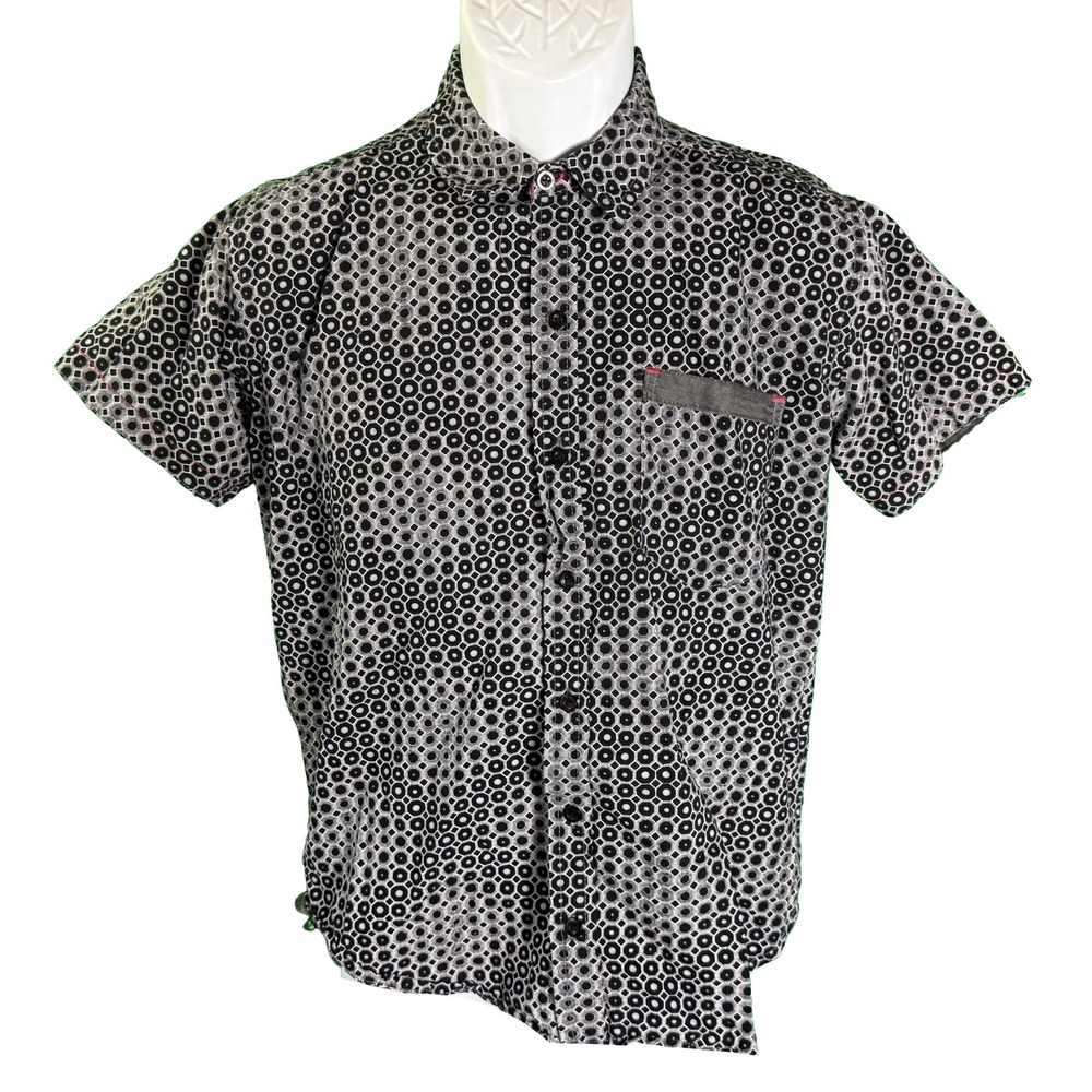 Silver Stone Button Down Shirt Mens Small Black Grey Geometric Short Sleeve